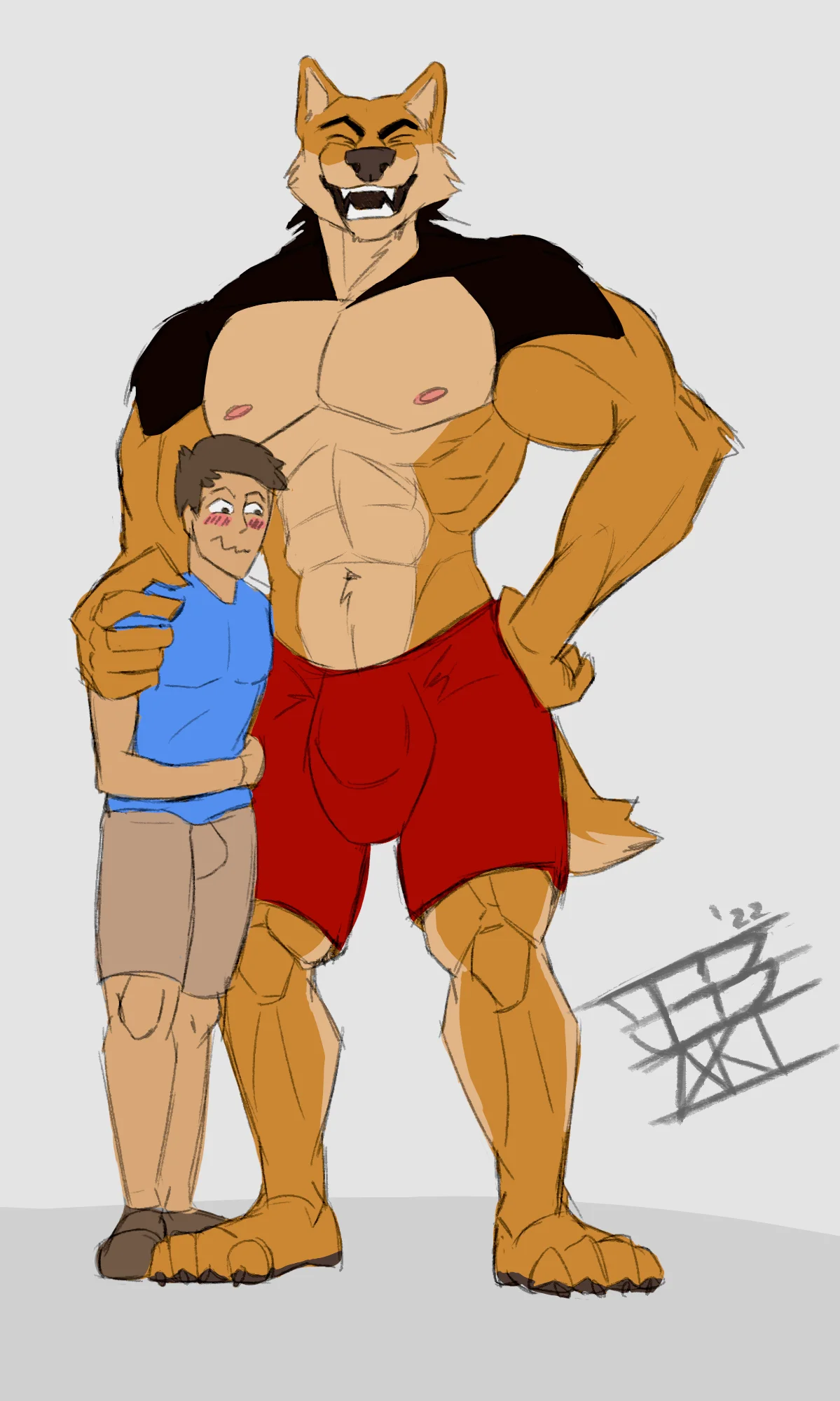 A human and a wolf posing for the camera. The wolf is much taller and more muscular than the human looking confident and smiling into the camera, while the human is blushing and looking down onto the wolf's crotch.