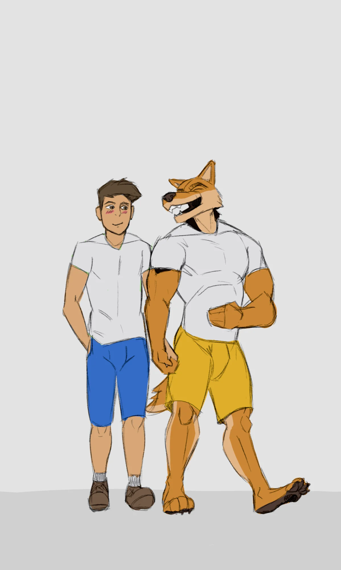 A human and a wolf taking a stroll on a date.